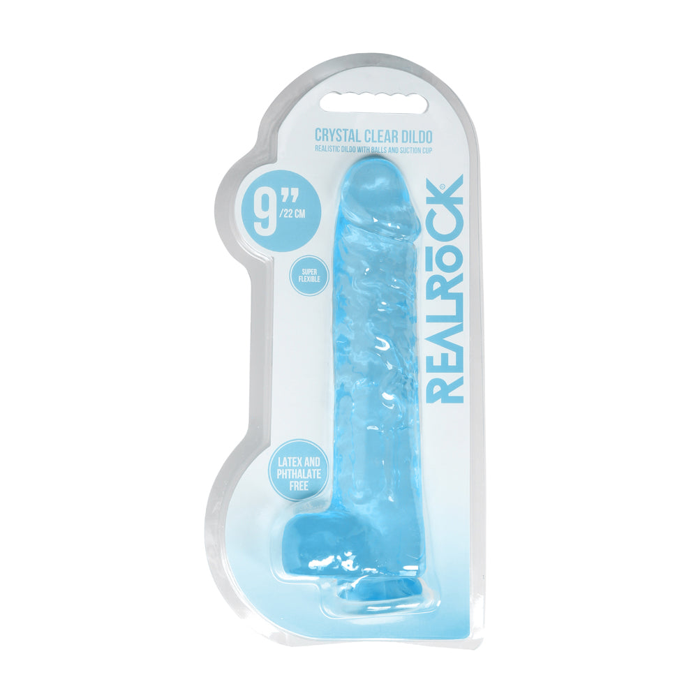 RealRock Crystal Clear Realistic 9 inch Dildo With Balls and Suction Cup Blue