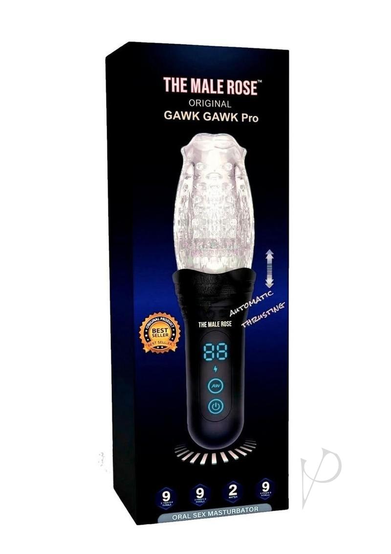 The Male Rose Pro Thrusting Rotating Masturbator Black packaging with automatic thrusting feature and oral sensation design.