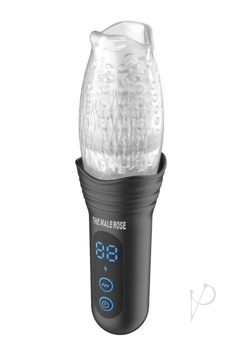 The Male Rose Pro Thrusting Rotating Masturbator Black featuring a clear TPE cup and control panel for enhanced pleasure.