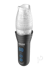 The Male Rose Pro Thrusting Rotating Masturbator Black featuring a clear TPE cup and control panel for enhanced pleasure.