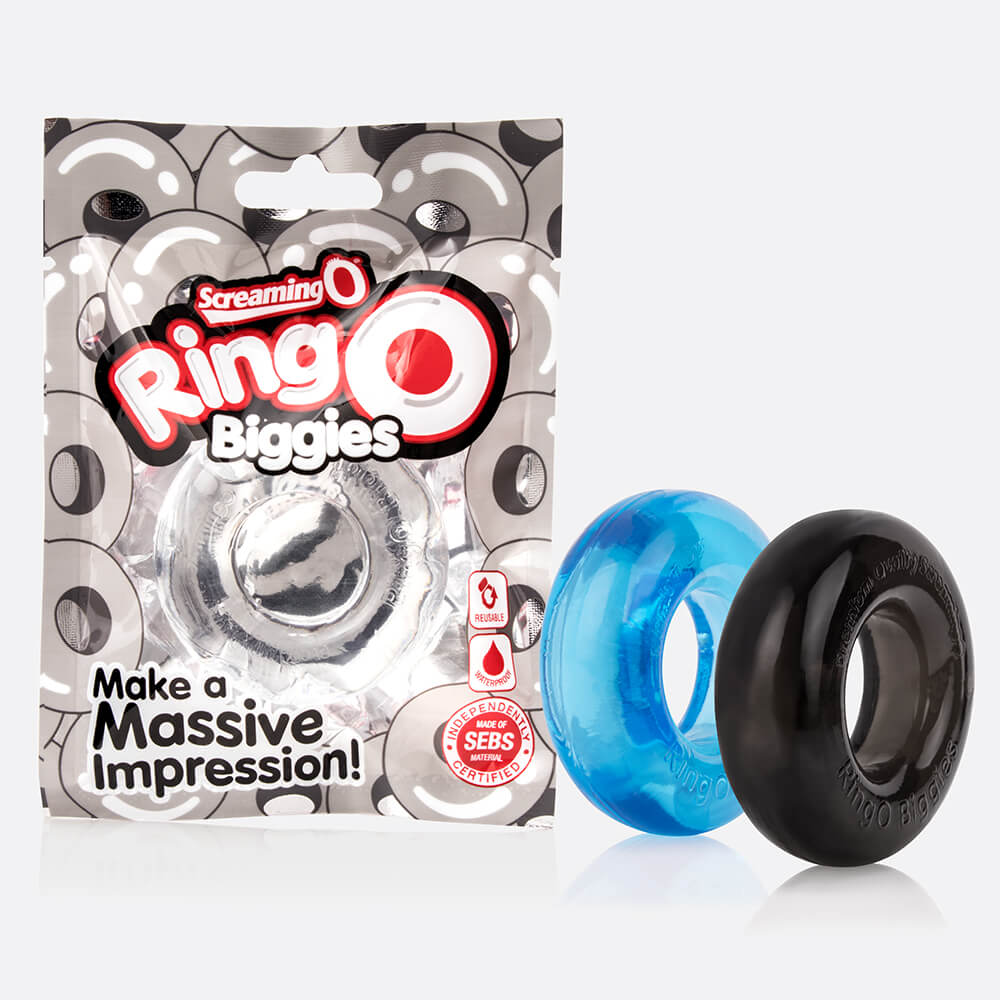 RingO Biggies Thick SEBS Cock Ring Waterproof Blue and black rings in packaging for adult use enhancement.