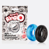 RingO Biggies Thick SEBS Cock Ring Waterproof Blue and black rings in packaging for adult use enhancement.