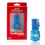Charged Big OMG Vibrating Cock Ring Blue displayed in packaging for enhanced pleasure and clitoral stimulation.