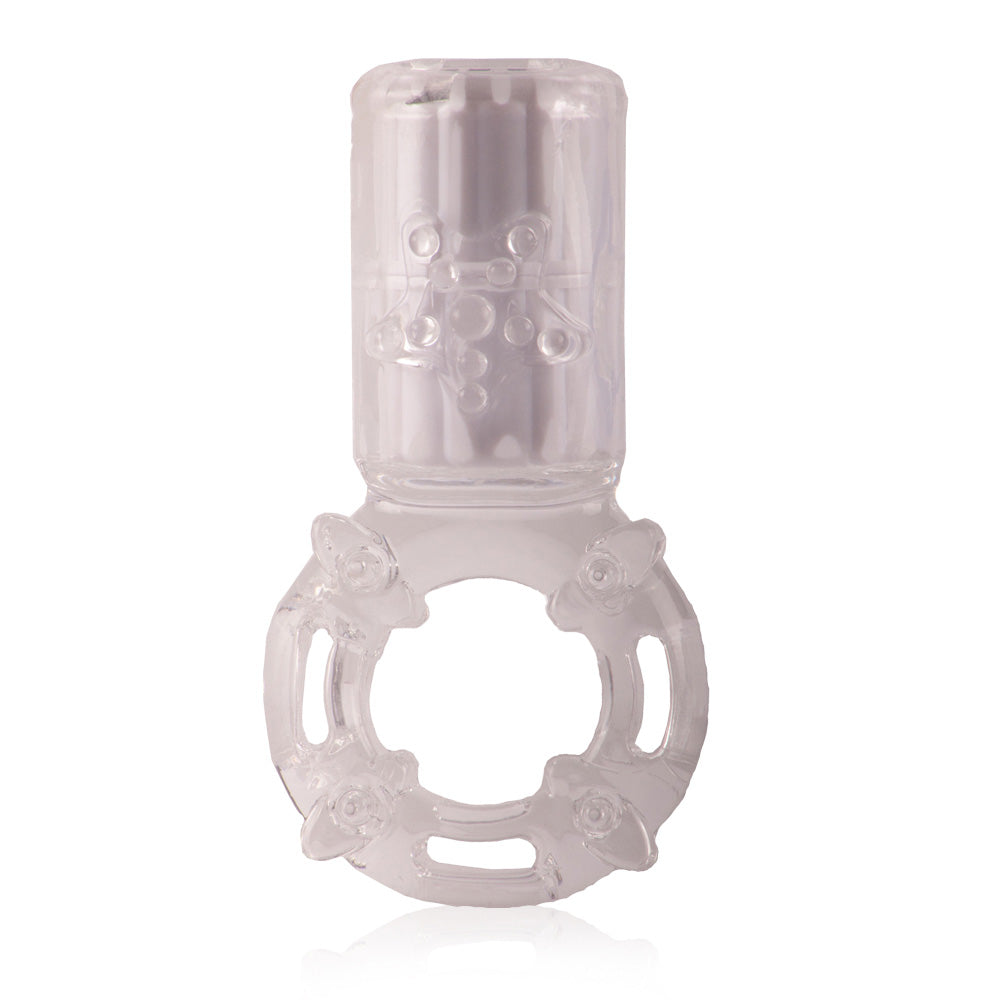 Screaming O Charged Big OMG Vibrating Cock Ring Clear showcasing its innovative design and vertical motor for enhanced stimulation.