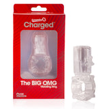 Screaming O Charged Big OMG Vibrating Cock Ring Clear in packaging showcasing its design and features.
