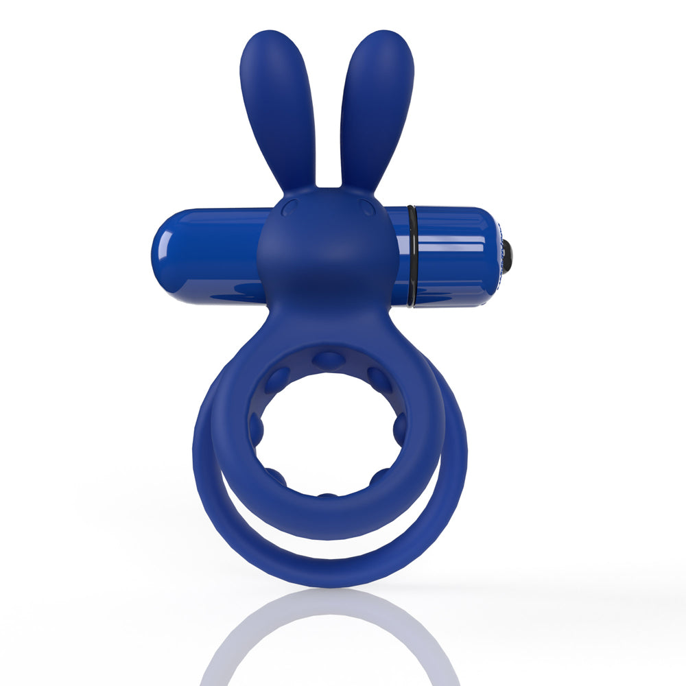 Screaming O 4B Ohare Vibrating Cock Ring Blueberry in blue, featuring rabbit ears and flexible rings for stimulation.