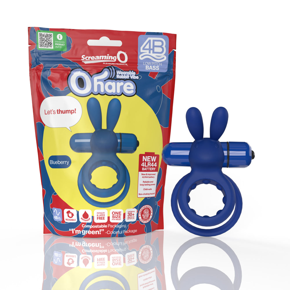 Screaming O 4B Ohare Vibrating Cock Ring Blueberry package and product image with rabbit ears design.