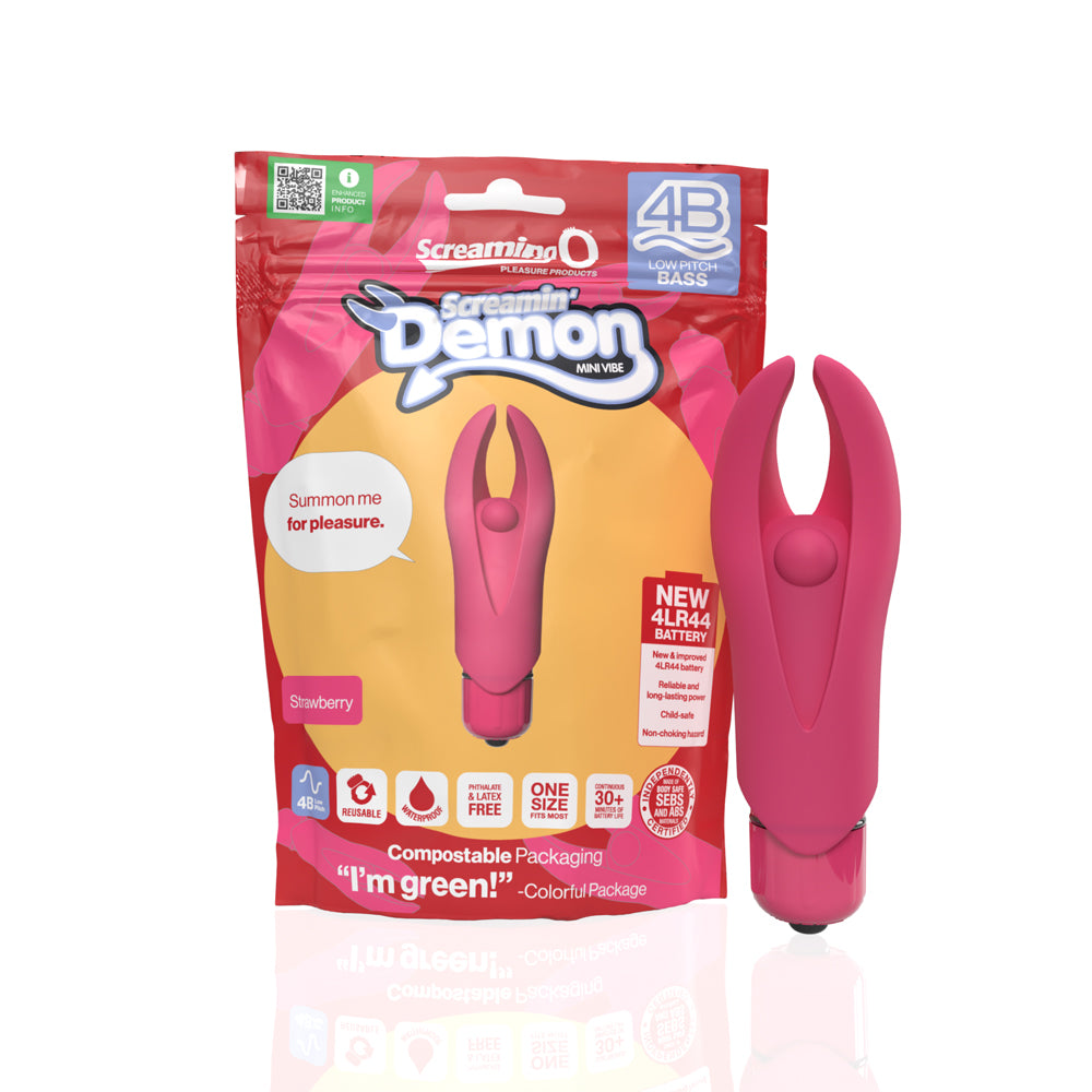 Screaming O 4B Demon Strawberry Clitoral Vibrator with vibrant packaging and product details on display