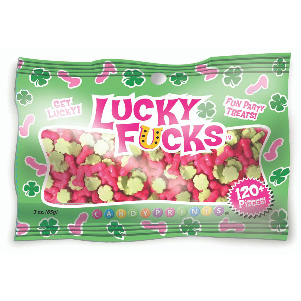Lucky Fucks 3 Oz Bag Penis Shamrock Sour Candy packed with colorful sour candies shaped like penises and shamrocks.