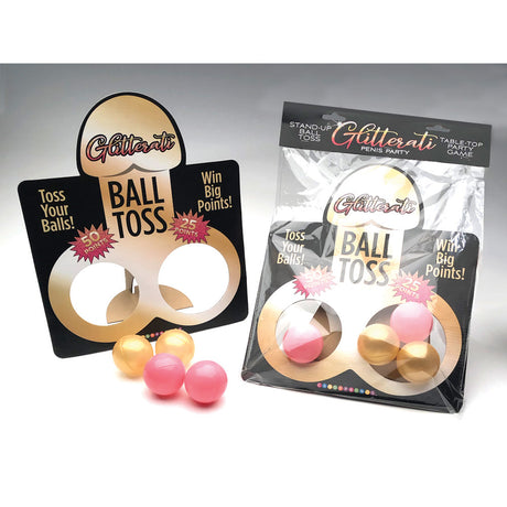 Glitterati Ball Toss Bachelorette Party Game featuring balls and testicle openings for a fun celebration.