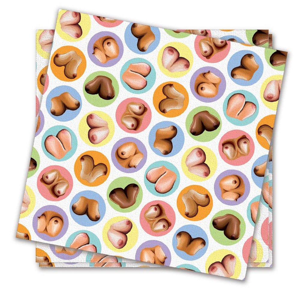 Little Genie Mini-boob Napkins Novelty Party Gift featuring playful boob designs in colorful circle patterns.