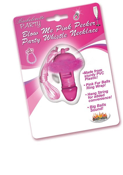 Blow Me Pink Pecker Whistle Necklace packaged with pink fur balls and a strap for bachelorette party fun.