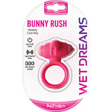 Wet Dreams Bunny Rush Cock Ring in vibrant packaging, showcasing its playful design and features.