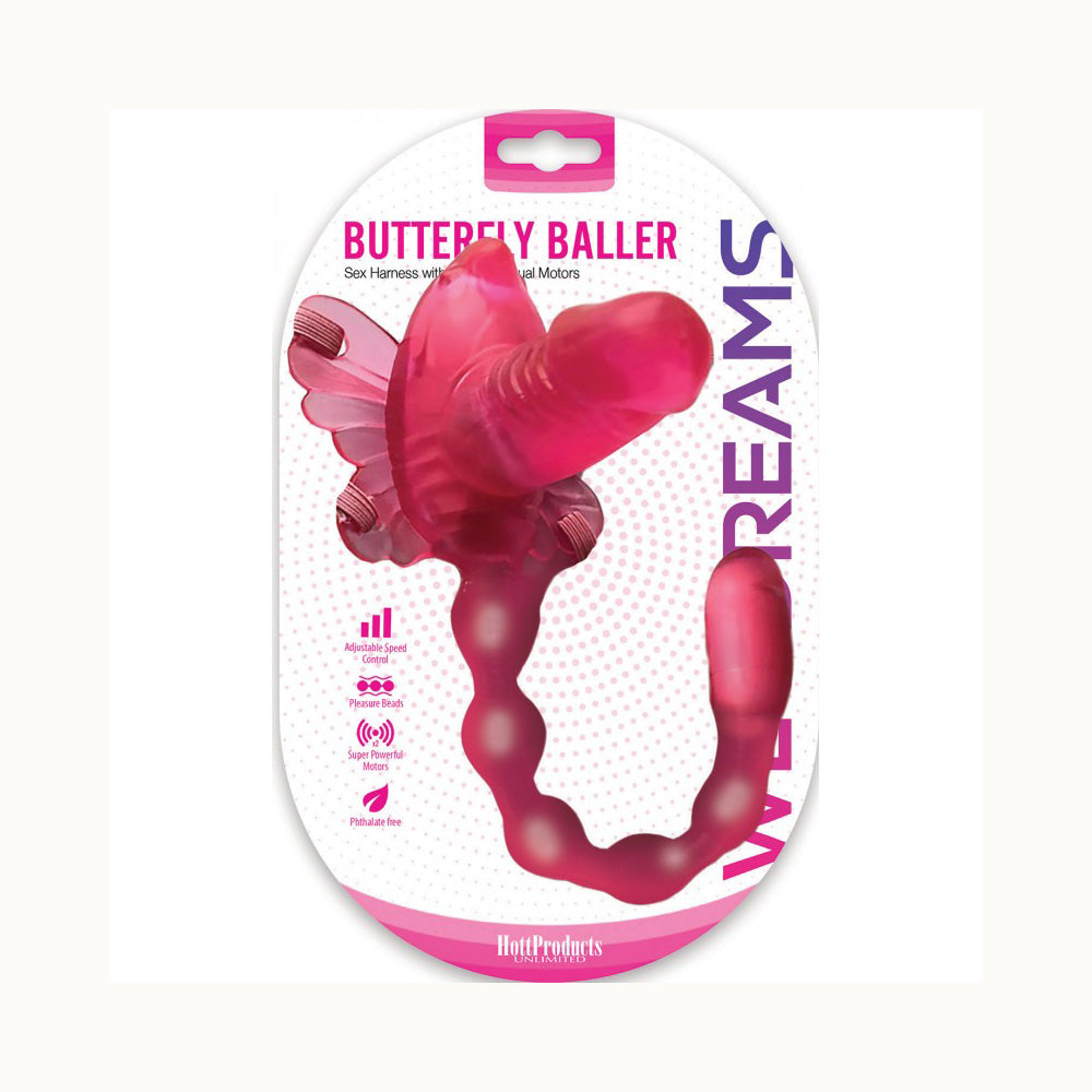 Wet Dreams Butterfly Baller Vibrating Sex Harness Pink packaging with dual motors and butterfly design