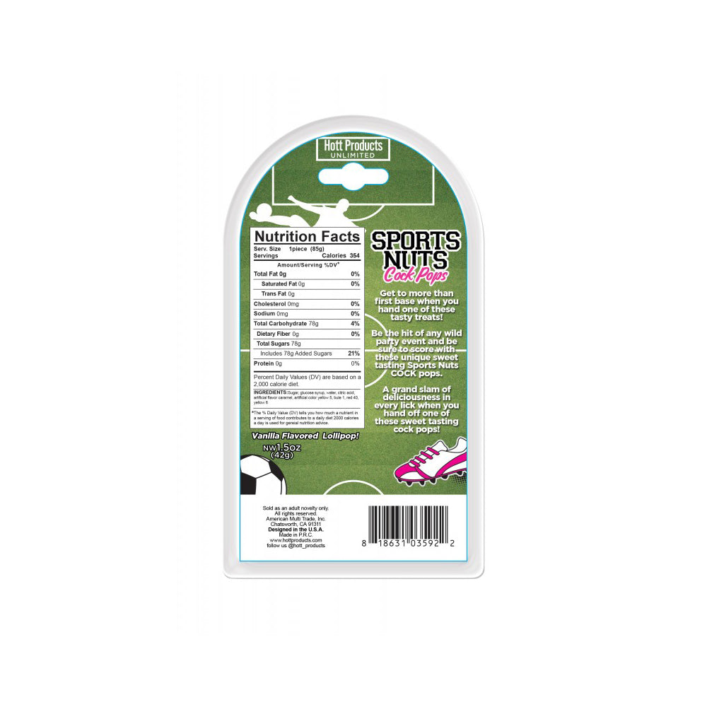 Product nutrition facts for Sports Nuts Cock Pop Soccer Balls Caramel showcasing ingredients and details.