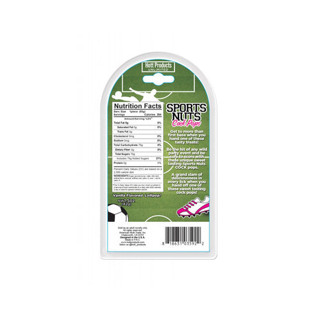Product nutrition facts for Sports Nuts Cock Pop Soccer Balls Caramel showcasing ingredients and details.