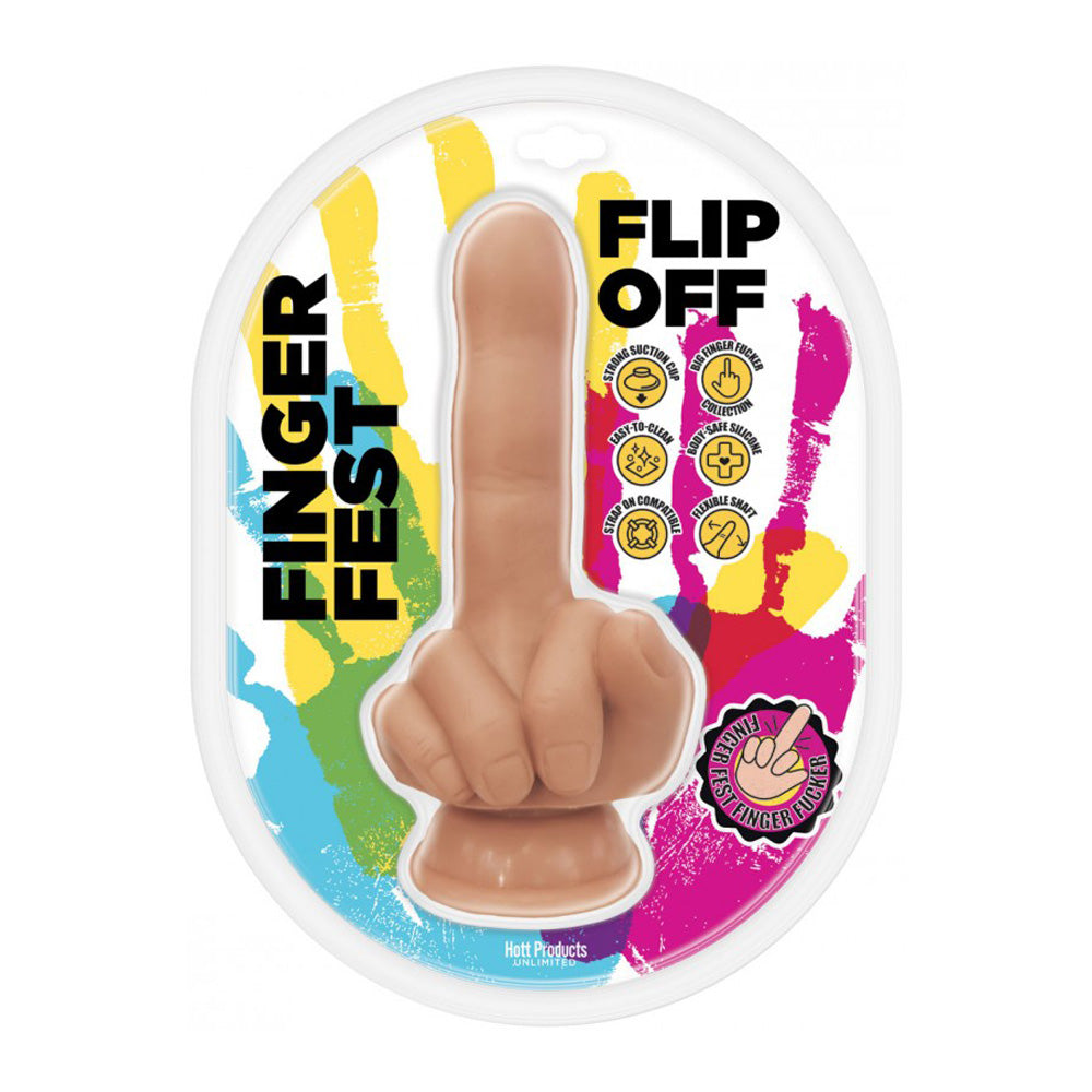 Finger Fest Flip Off Dildo Flesh in colorful packaging showcasing a cheeky design.