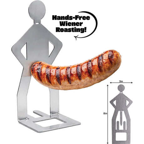 Grill My Wiener Hot Dog Grill Stand showcasing hands-free wiener roasting with a grilled sausage design.