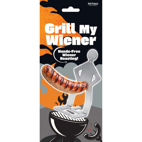 Grill My Wiener Hot Dog Grill Stand packaging with a hot dog and grilling design for hands-free roasting.