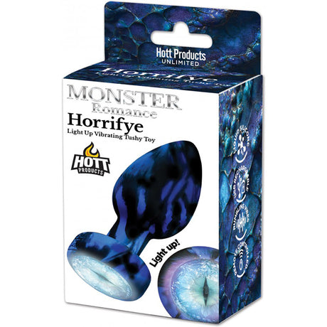 Monster Romance Horrifye Lightup Butt Plug packaging featuring a blue and black design with vibrant visual effects.