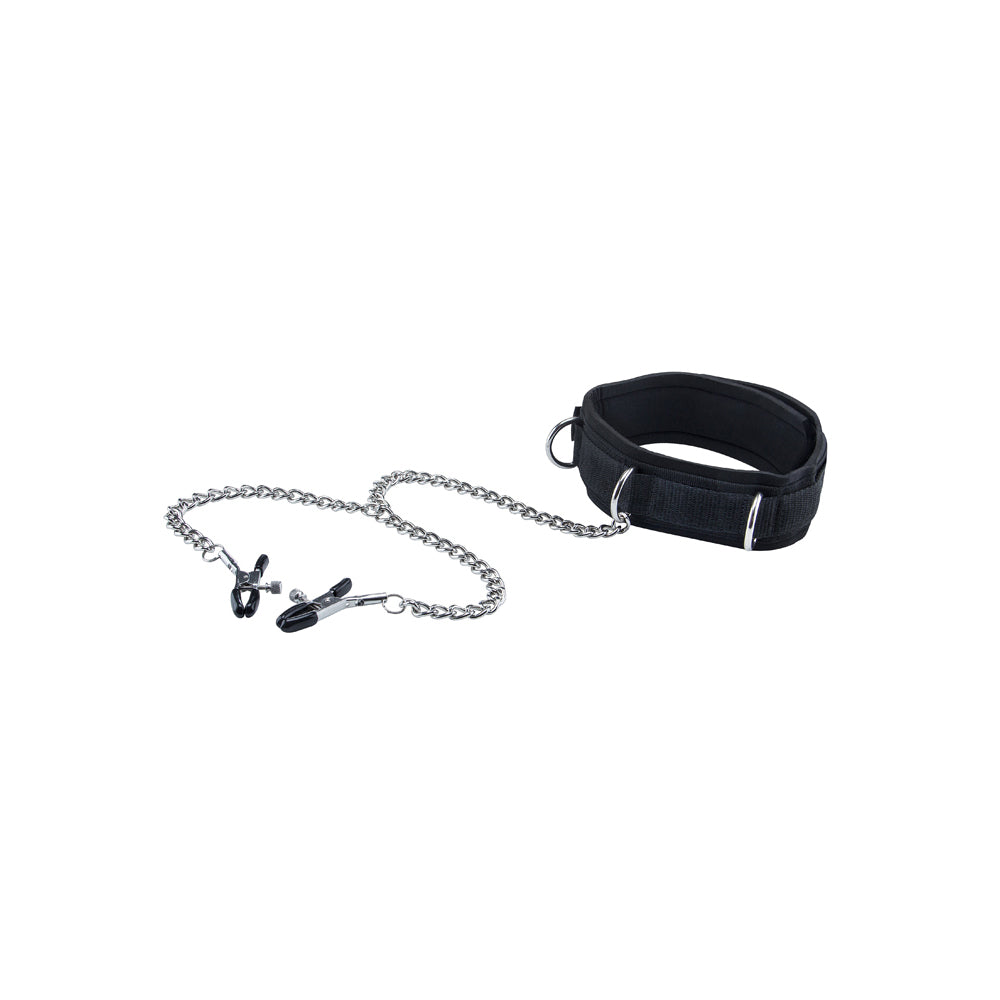 Ouch! Black & White Adjustable Velcro Collar With Nipple Clamps Black