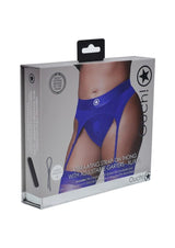 Ouch Vibrating Strap-On Thong Bullet XL 2XL Blue packaging showing adjustable garters and vibrant color.