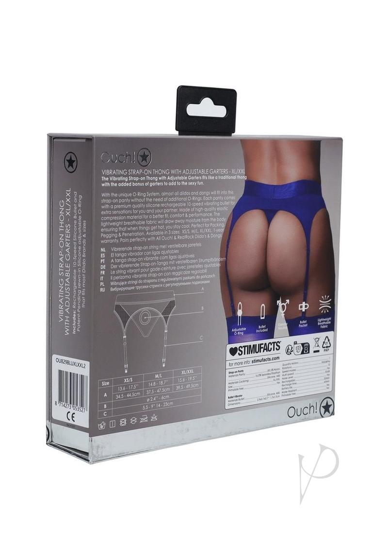 Ouch Vibrating Strap-On Thong Bullet XL 2XL Blue packaging with detailed features and instructions.