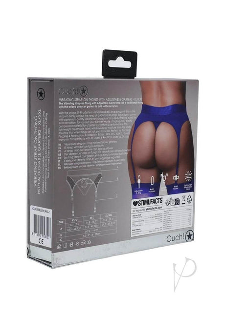 Ouch Vibrating Strap-On Thong Bullet XL 2XL Blue packaging with detailed features and instructions.