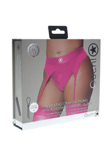 Ouch Vibrating Strap-On Thong Bullet XL 2XL Pink packaging showing adjustable garters for strap-on play.