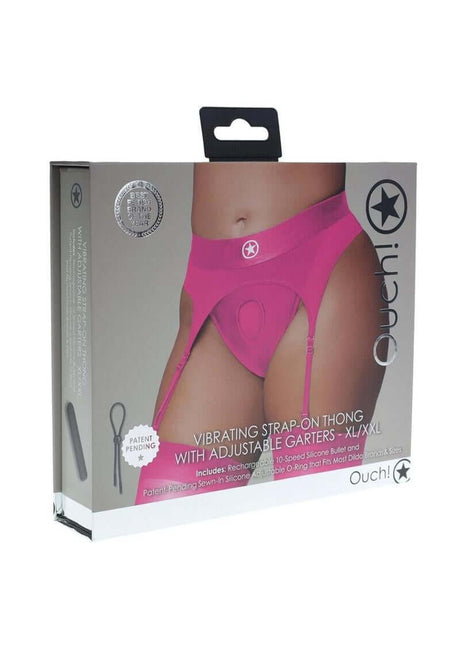 Ouch Vibrating Strap-On Thong Bullet XL 2XL Pink packaging showing adjustable garters for strap-on play.