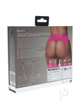 Ouch Vibrating Strap-On Thong Bullet XL 2XL Pink packaging display with adjustable garters and stylish design.