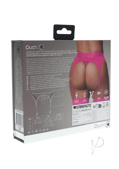 Ouch Vibrating Strap-On Thong Bullet XL 2XL Pink packaging display with adjustable garters and stylish design.