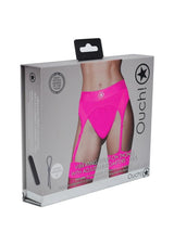 Ouch Vibrating Strap-On Thong Bullet XS SM Pink packaging with adjustable garters displayed on a model.