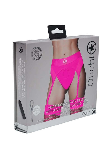 Ouch Vibrating Strap-On Thong Bullet XS SM Pink packaging with adjustable garters displayed on a model.