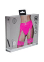 Ouch Vibrating Strap-On Thong Bullet XS SM Pink packaging with adjustable garters displayed on a model.