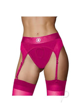 Ouch Vibrating Strap-On Thong Bullet XS SM Pink, showcasing a sleek design in vibrant pink with garters.