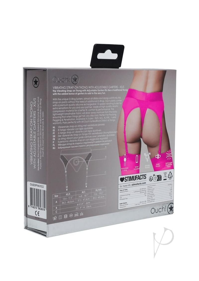Ouch Vibrating Strap-On Thong Bullet XS SM Pink packaging showing back design and features for easy shared play.