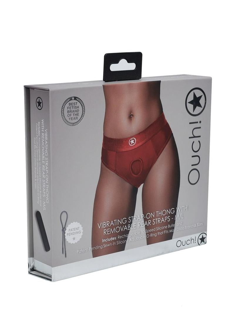 Ouch Vibrating Strap-On Thong with Bullet M L Red packaging showcasing removable rear straps and O-Ring system.