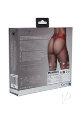Ouch Vibrating Strap-On Thong with Bullet M L Red packaging showing features and design details.