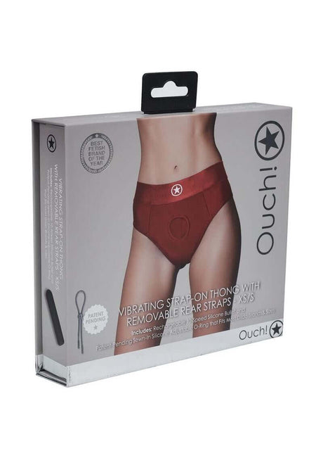 Ouch Vibrating Strap-On Thong with Bullet XS SM Red packaging, showcasing design and features for strap-on play.