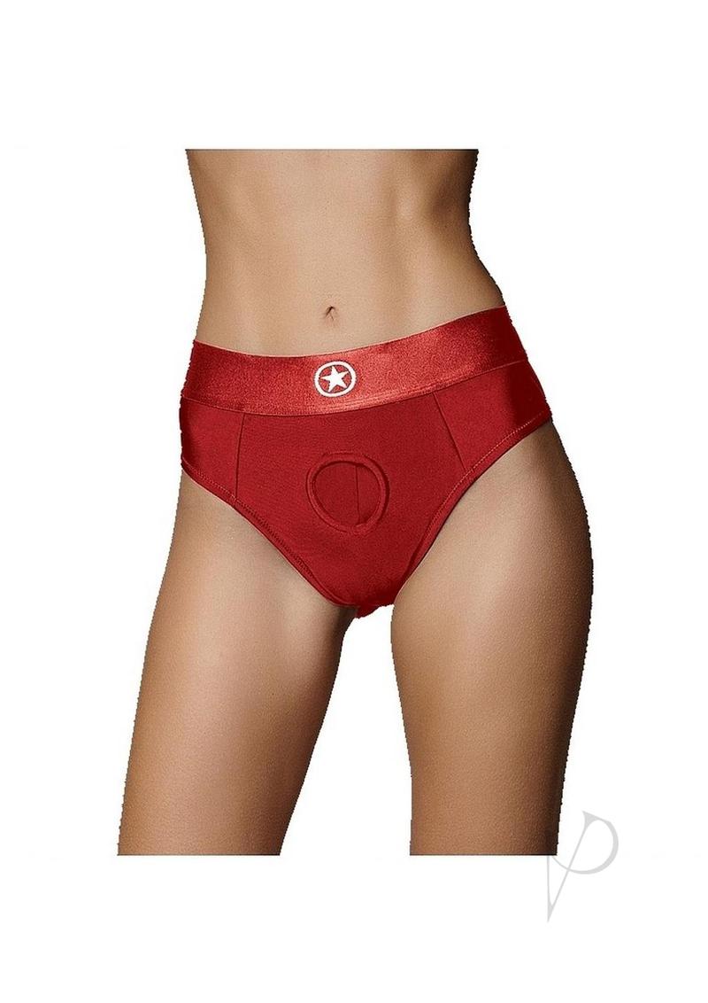 Ouch Vibrating Strap-On Thong with Bullet XS SM Red, elegant and simple thong design for strap-on play.