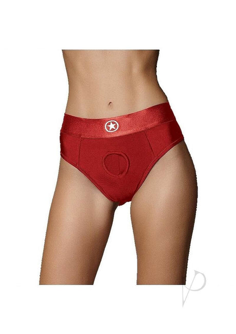 Ouch Vibrating Strap-On Thong with Bullet XS SM Red, elegant and simple thong design for strap-on play.