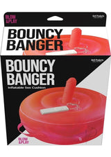 Bouncy Banger Inflatable Cushion with Vibrating Dildo Red packaging showing a vibrant inflatable sex cushion.