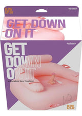 Get Down On It Inflatable Cushion Vibrating Dildo Fuchsia packaging featuring inflatable sex cushion and dildo.