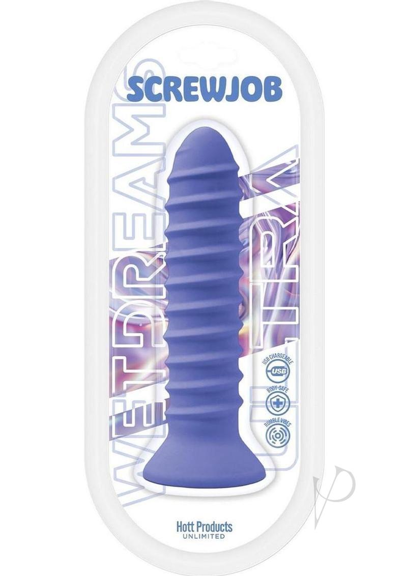 Wet Dreams Screwjob Silicone Screw Shape Vibrator Purple in sleek packaging with vibrant colors and unique design.