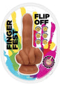 Finger Fest Flip Off Silicone Dildo Caramel package featuring a unique finger design and vibrant colors.