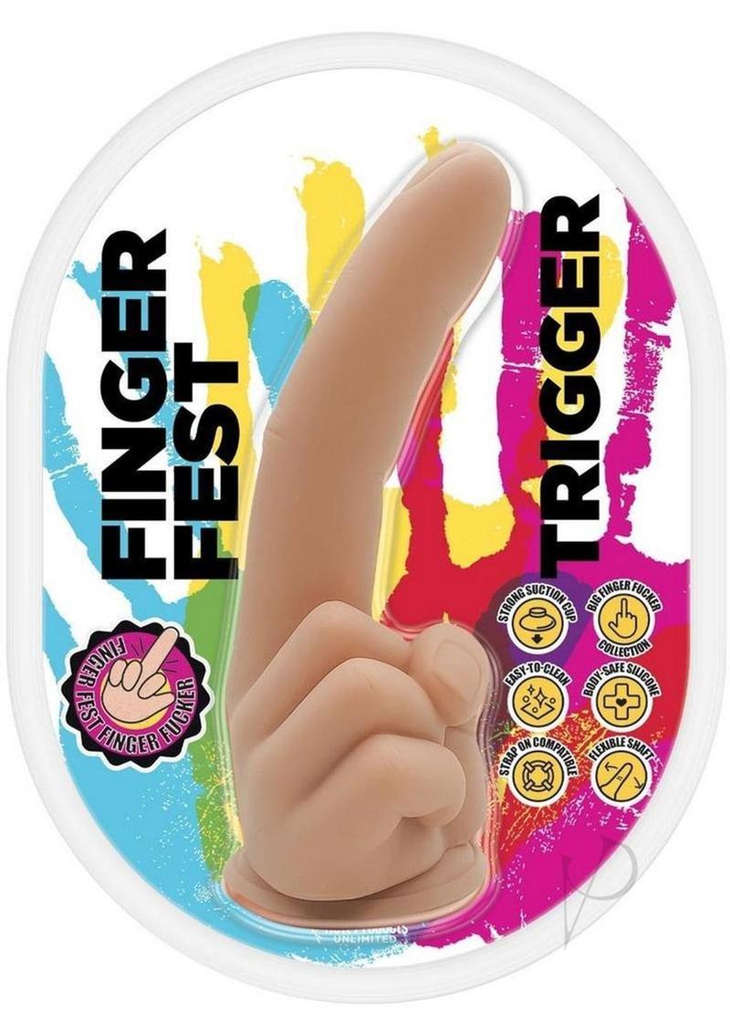 Finger Fest Trigger Silicone Dildo Vanilla in packaging showcasing its playful design and vibrant colors.