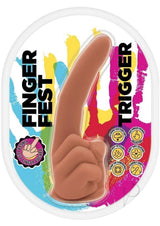 Finger Fest Trigger Silicone Dildo Caramel packaging featuring a lifelike finger design and vibrant colors.