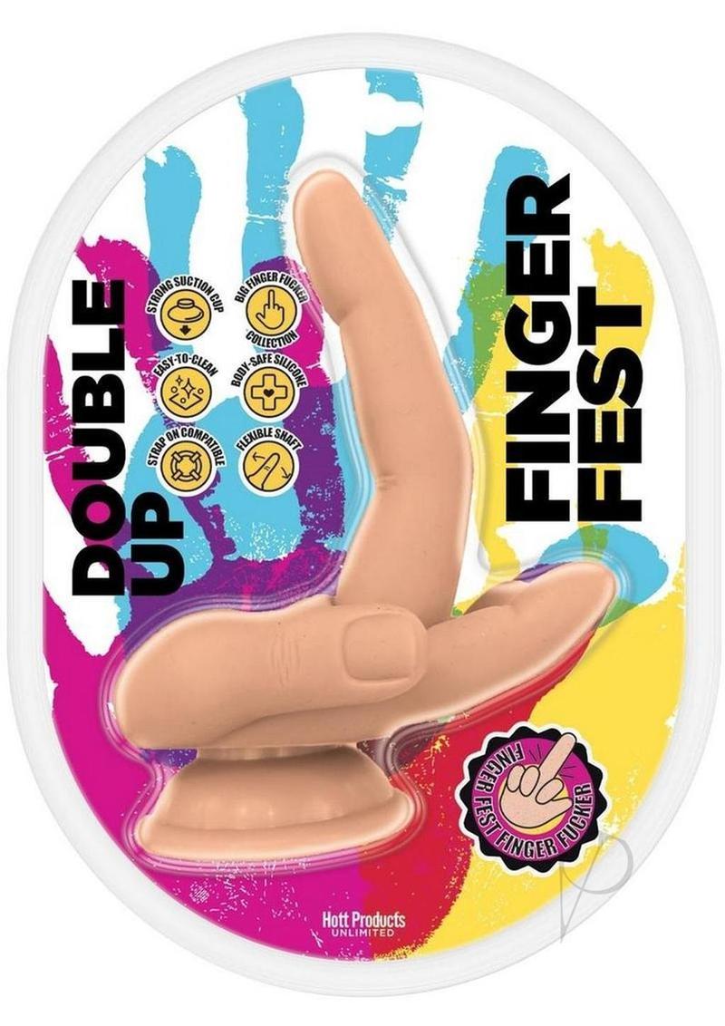 Finger Fest Double Up Silicone Dildo Vanilla packaging with colorful graphics and product information.
