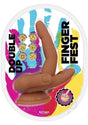 Finger Fest Double Up Silicone Dildo Caramel in packaging showcasing its playful design and features.